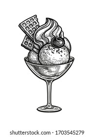 Three scoops of ice cream with waffles and wripped cream, cherry and chocolate chip. Ink sketch isolated on white background. Hand drawn vector illustration. Retro style.