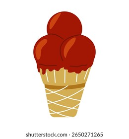 Drie schepjes rijk chocolade-ijs bekroond met een glanzende chocoladesaus in een wafelkegel in een zonnig park