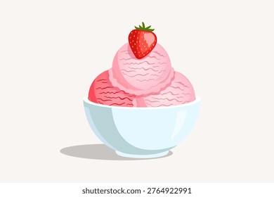 Three scoops of strawberry ice cream in a white bowl topped with a fresh whole strawberry.