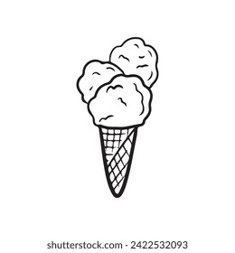 Three scoops of tasty delicious ice cream in a waffle cup isolated on white background. Hand drawn vector sketch illustration in doodle style. Children sweets, summer symbol, hand made ice cream