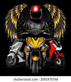 Three Scooters With A Winged Biker In Leather Jacket Backgroundn, Naked Bike, T-shirt Design, Motorcycle Club, Patch, Biker, Nmax, Aerox, Lexi, Arai, Shoei, Motorradfahrer, Motorrijder, Motard