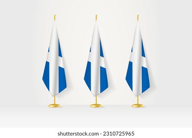 Three Scotland flags in a row on a golden stand, illustration of press conference and other meetings. Vector illustration.