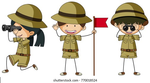 Three scouts in different actions illustration