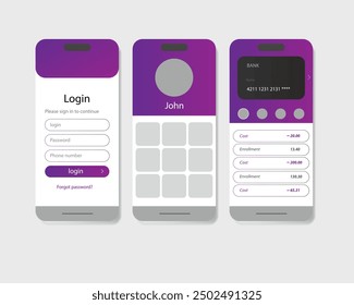 Three screen with modern design interface. Bank app. Sign in template. Menu. UI UX design. Prototype application. Vector illustration. Social media interface.