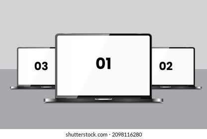 Three Screen Premium exclusive realistic mockup device, laptop, notebook editable vector file with gray background