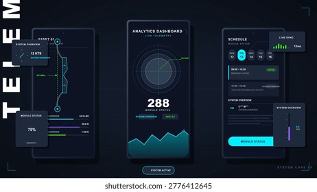 Three screens show system data and performance metrics. The first screen highlights a current speed of 12 knots. The second list module status. The last displays a schedule for tasks.