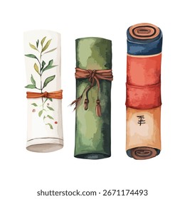 Três pergaminhos são exibidos: um com arte botânica, um de bambu amarrado com uma fita e um com um caráter caligráfico.
