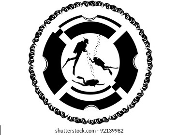 Three scuba divers in the background of a life buoy. Black and white illustration.