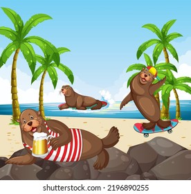 Three sea lions on the beach illustration
