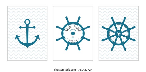 Three Sea Ship badge logo icons Template and waves pattern background