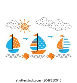 Three Sea Ships Sailing, Vector Illustration