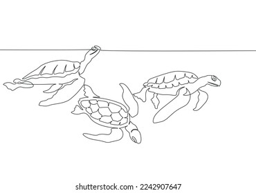 Three sea turtles under ocean surface made in the one continuous line art technique. Minimalistic black and white image.