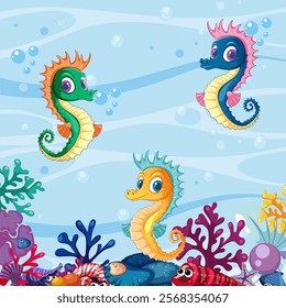 Three seahorses swimming among colorful coral and bubbles