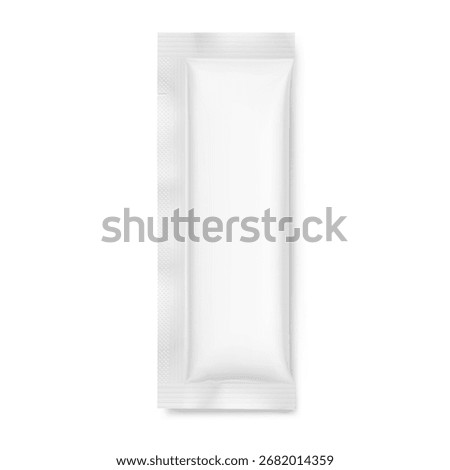 Three seal sachet mockup. Hyper realistic. Vector illustration isolated on white background. Flat lay view. Packaging for cosmetic, food, pet. Ready for your design. EPS10.