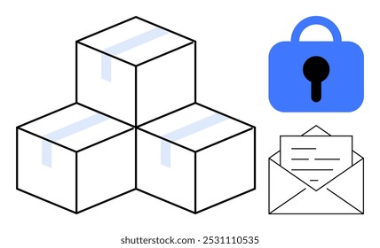 Três caixas seladas empilham ao lado de um cadeado azul e um envelope segurando uma carta. Ideal para serviços de entrega segurança de embalagem serviços postais comunicação confidencial e temas de logística. Simples