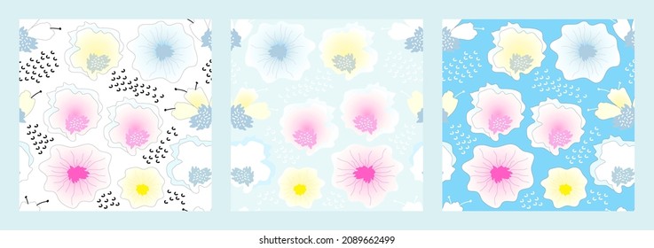 Tres telones de fondo sin costura con flores lindas rosas, amarillas y azules. Paleta Pastel. Flores gradientes dibujadas a mano. Para textiles, impresión de tela, embalaje, envoltura, papel pintado, cubierta. Vector.