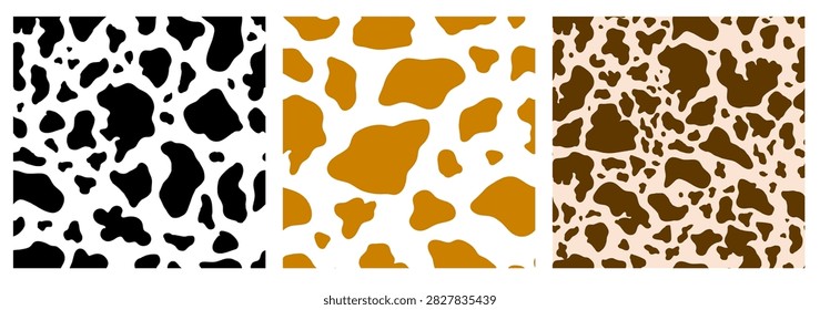Three seamless cowhide patterns in black, gold, and brown tones. Ideal for backgrounds and textile designs.
