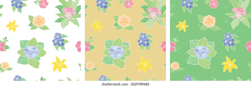 Three seamless floral patterns featuring Plumeria, Bignonia, Lily, Hibiscus, Rose, and Hydrangea flowers