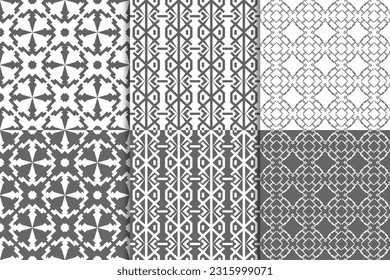 Three seamless geometric patterns in two different color schemes