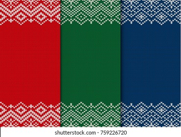 Three seamless knitted christmas ornaments. Red, green and blue geometric background. Xmas knit winter sweater texture design with empty place to your text. Vector illustration