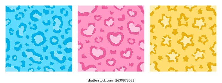 Three seamless leopard variations. Blue tone, Heart-shaped pink spots, and yellow background with star spots. Cute and trendy.
