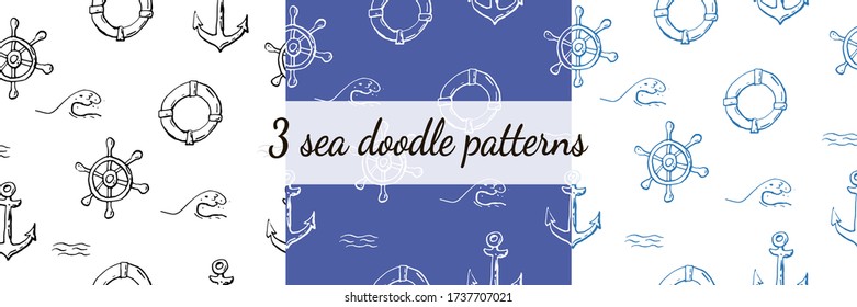 Tres colecciones de patrones marinos de marea sin soldadura. Ilustración vectorial de icono de doodle aislado y dibujado a mano. Diseño de líneas de arte, fondo marino de verano. Textura sin fin. Verano, tropical, vacaciones. Fondo de escritorio. 