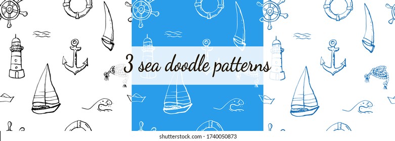 Three seamless marine sea patterns collection. Hand drawn and isolated doodle icon sailing illustration. Line art design, summer shore backdrop. Endless texture. Summer, tropical, vacation. Wallpaper.