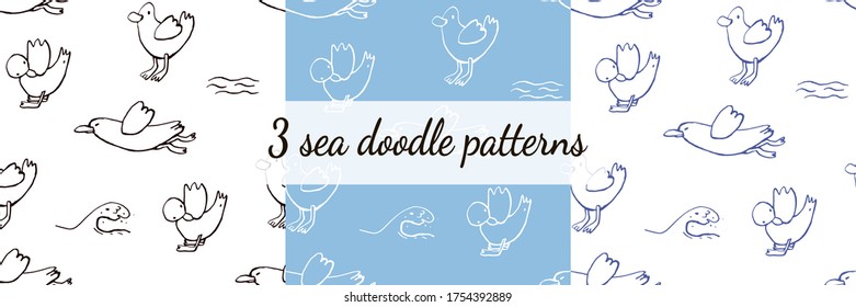 Three seamless  marine sea patterns set. Isolated and hand drawn doodle icon vector illustration. Line art design, summer shore backdrop. Endless texture. Summer, tropical, vacation. Wallpaper. 