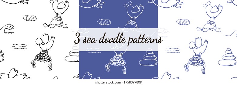 Three seamless  marine sea patterns set. Isolated and hand drawn doodle icon vector illustration. Line art design, summer shore backdrop. Endless texture. Summer, tropical, vacation. Wallpaper. 