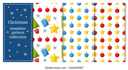 Three seamless pattern collection with elements christmas gifts and christmas balls. Texture for web page, greeting cards, posters and banners. Prints on fabric and paper.