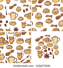 Three seamless pattern Food collection Cinnamon buns and bakery spices Isolated objects Hand drawing set