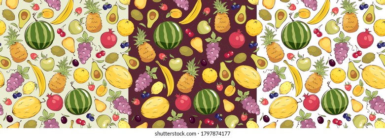 Three seamless pattern -- fruits. Vector illustrations, background, print with different fruits.	