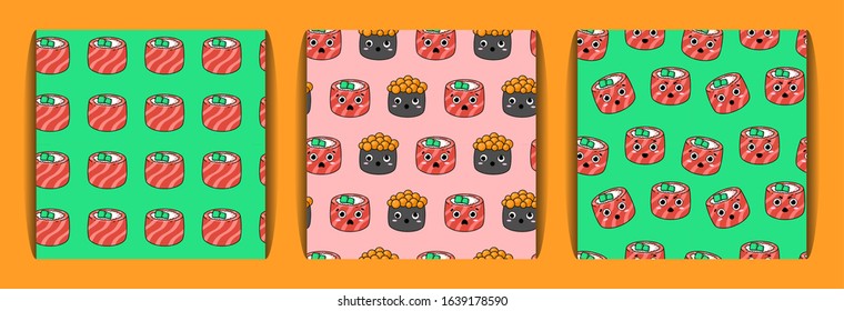 three seamless pattern with kawaii sushi. philadelphia rolls, sushi with caviar with different emotions. Japanese food. for paper, cover, fabric, interior decor and other users