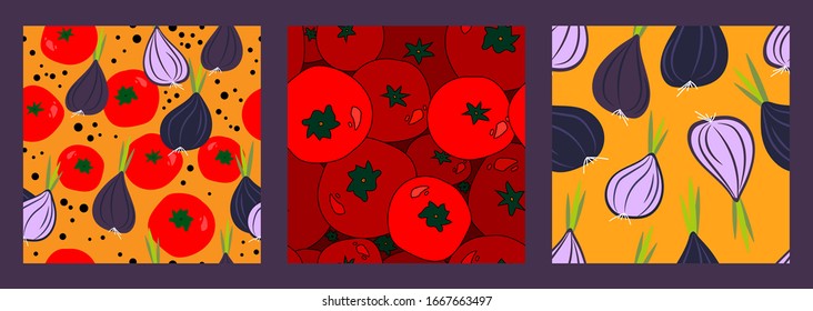 tres modelos impecables con cebollas violetas, tomates rojos y pimienta negra sobre un fondo amarillo brillante. Diseño abstracto moderno para papel, tapicería, tejidos y decoración interior