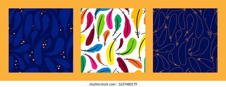 three seamless pattern with silhouette golden linear feathers on a navy blue background. multi-colored feathers on a white background. for paper, cover, fabric, interior decor and other users