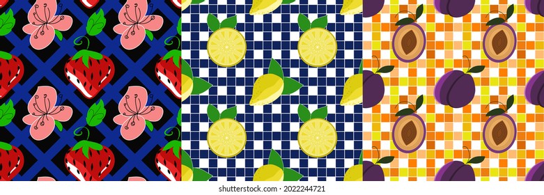 three seamless patterns with different fruits on checkered background: strawberries, lemons, plums