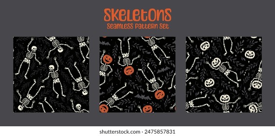 Three seamless vector patterns showcasing skeletons in various poses, accompanied by pumpkins, bats, and foliage, creating a spooky and fun Halloween-themed design in black, white, and orange.