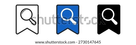 Three search icon bookmarks in black, blue, and outline styles, symbolizing digital searching and navigation.