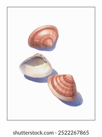 Three seashells with vivid, earthy tones and glossy surfaces are artistically arranged against a soft background, casting gentle shadows.