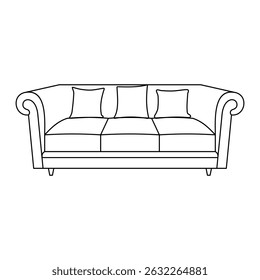 Sofá de três lugares com braços laminados. Contornar vetor plano para ícone, símbolo e ilustração. Adequado para colorir página
