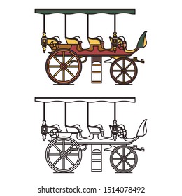 Three seats stagecoach or XIX century steam car. First electric machine or waggon automobile, classic opened motor vehicle or cab with engine. Electric public crew contour or outline. Wheel transport