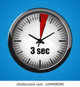 Three Seconds Clock on blue background. Clock 3d icon. Stopwatch icon. Vector illustration EPS 10.