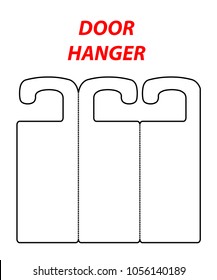 Three Section Hanger Die Cut Template. Empty Stamp Shablon. Vector Black Isolated Circuit Door Hanger Mockup. Hotel Door Hang Tag Signs. Black Line Hanger On White Background. Flyer On The Door. 