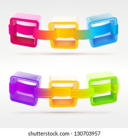 Three section horizontal eps10 vector banner made of colorful glossy boxes and a gradient tape ribbons