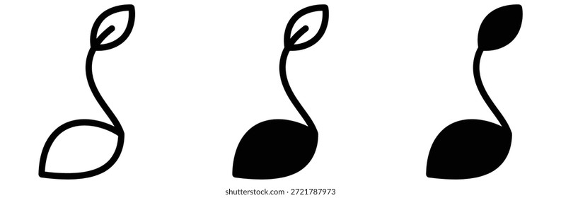 Three seedling illustrations with varying leaf and seed styles,Leaf Growth Icon Black and White Vector Graphic