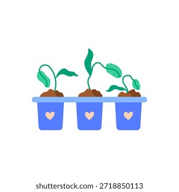 Three seedlings growing in blue pots with hearts, vector illustration. Cute minimal design symbolizing growth, gardening, and eco-friendly lifestyle. Perfect for spring themes.