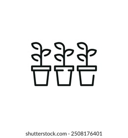 Three seedlings icon. Simple seedlings in pots icon for social media, app, and web design. Vector illustration.