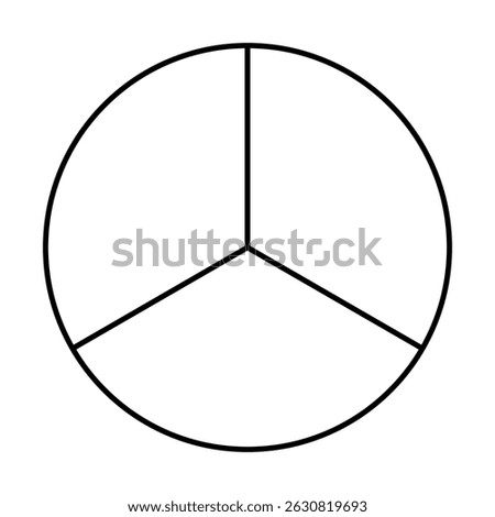 Three segments divided circle. Minimalistic black line chart. Pie, pizza round shape, 3 slices.
