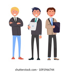 Three self-confident men in elegant suits vector illustration business characters with notebook and handbag isolated on white, managers in flat style