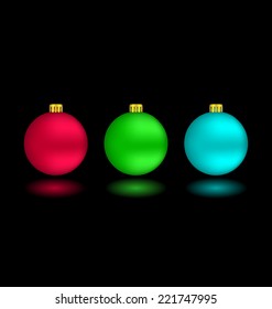 Three self-illuminated Christmas balls with reflection isolated on black background